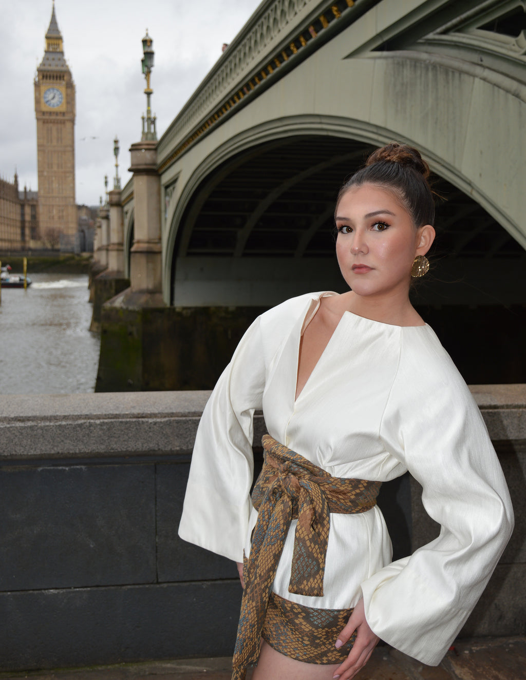 Snake Cream Japanese-Inspired Mini Dress